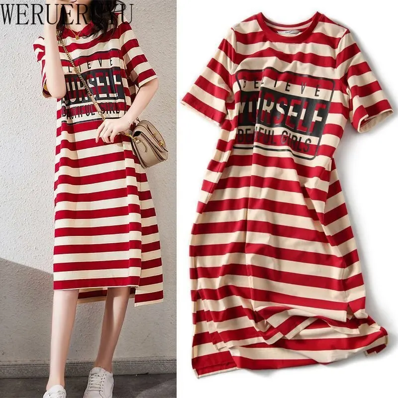 Winter Clothing Aesthetic - Striped Print Short Sleeve Midi Dress